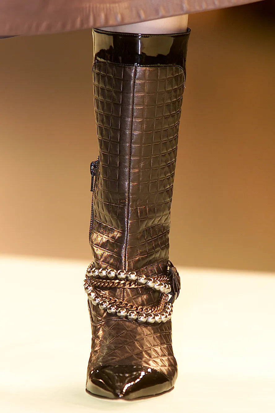 CHANEL BY KARL LAGERFELD SS 2002 RUNWAY QUILTED BOOTS WITH PEARLS