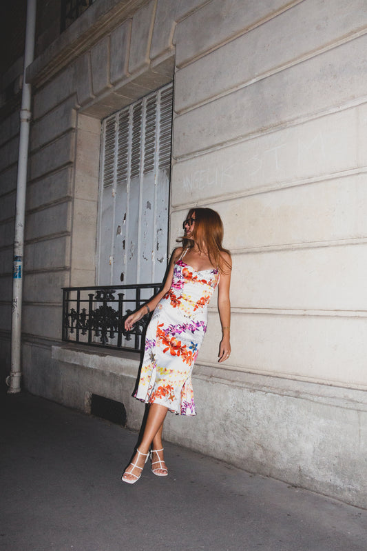 JUST CAVALLI EARLY 2000S FLORAL & PEARL PRINT DRESS