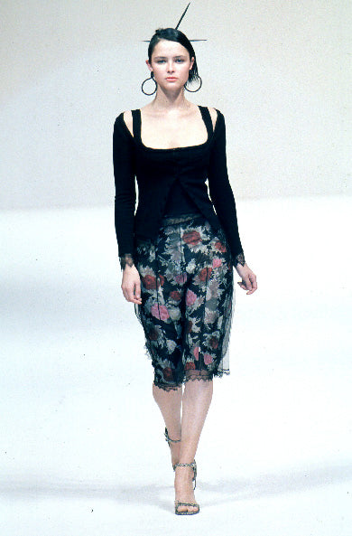 BLUMARINE SS 1999 RUNWAY FLORAL SKIRT WITH MESH OVERLAY
