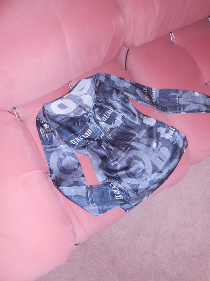 GALLIANO EARLY 2000S SILK NEWSPAPER PRINT BLOUSE