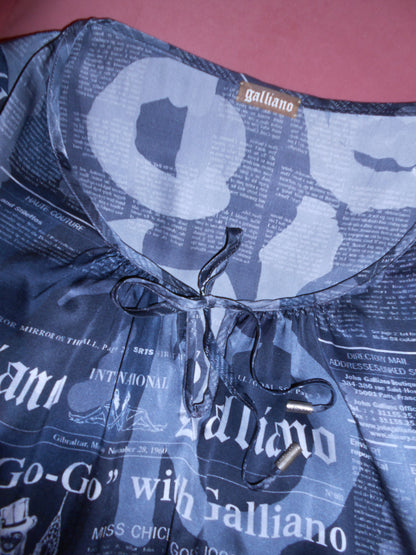GALLIANO EARLY 2000S SILK NEWSPAPER PRINT BLOUSE