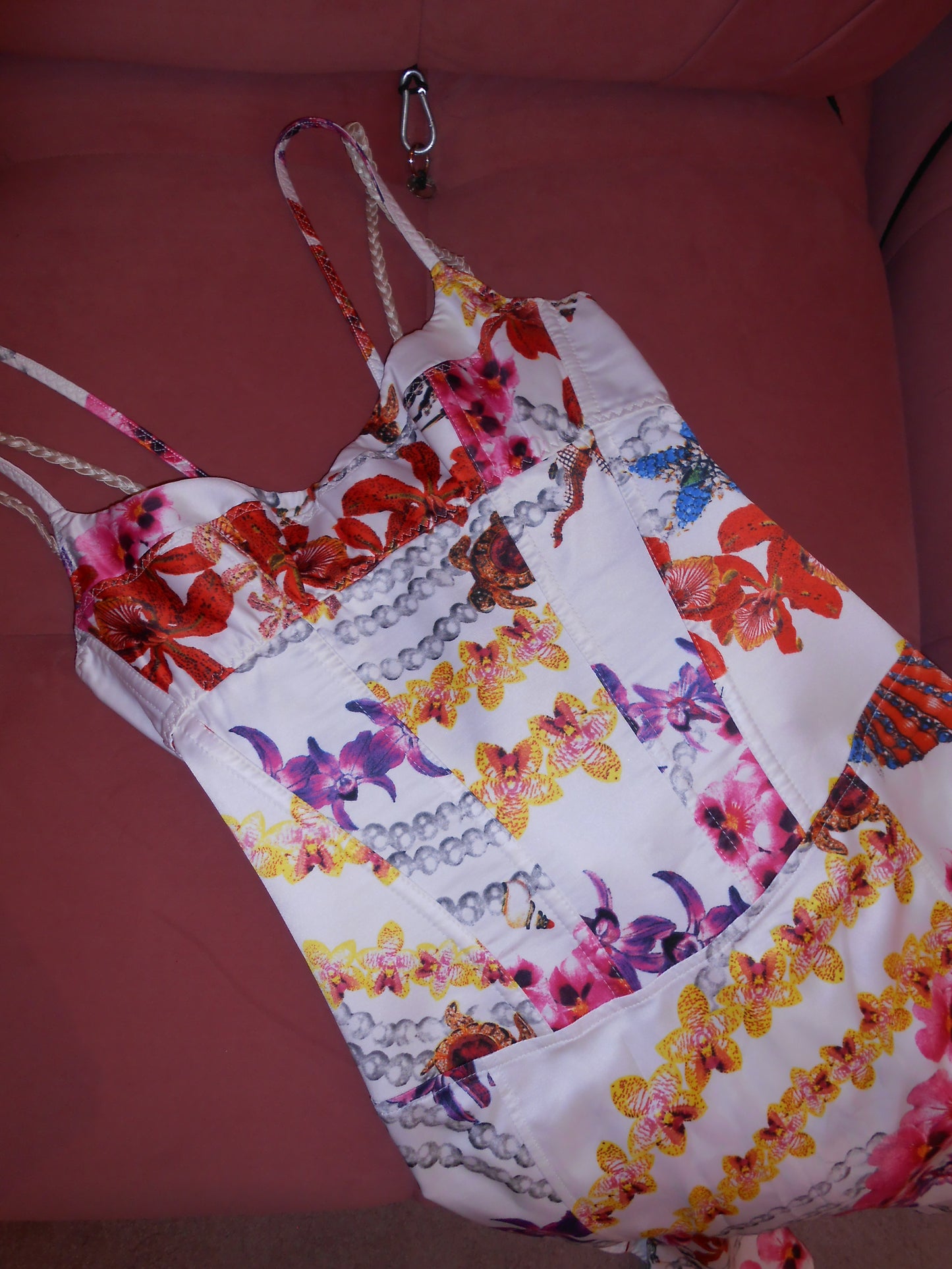 JUST CAVALLI EARLY 2000S FLORAL & PEARL PRINT DRESS