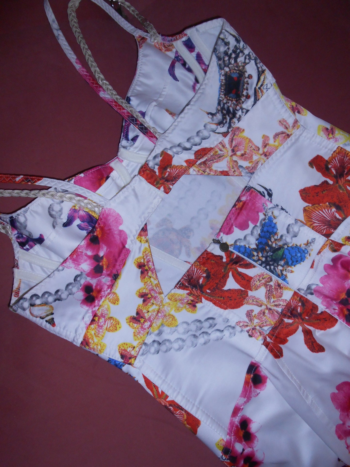 JUST CAVALLI EARLY 2000S FLORAL & PEARL PRINT DRESS