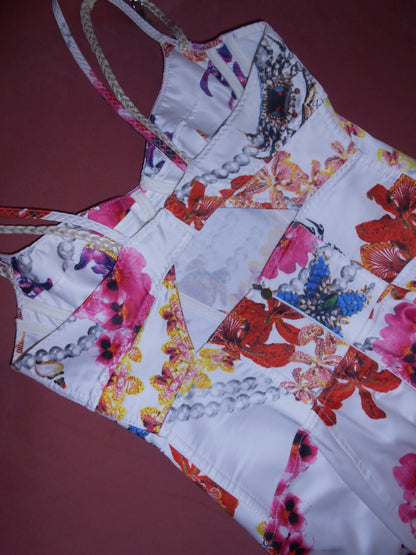 JUST CAVALLI EARLY 2000S FLORAL & PEARL PRINT DRESS