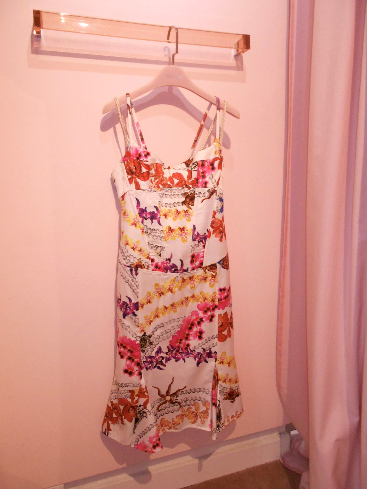 JUST CAVALLI EARLY 2000S FLORAL & PEARL PRINT DRESS