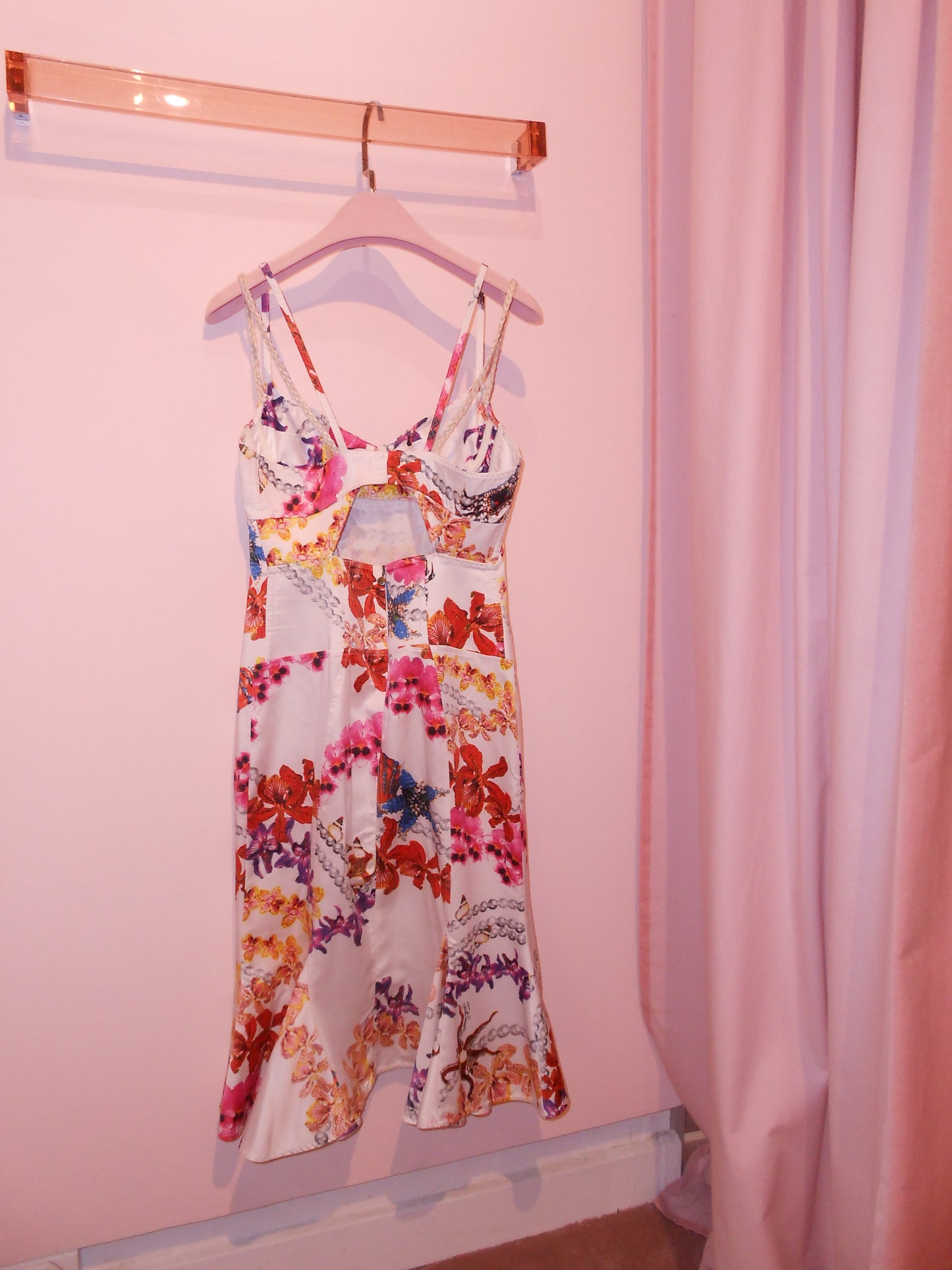 JUST CAVALLI EARLY 2000S FLORAL & PEARL PRINT DRESS