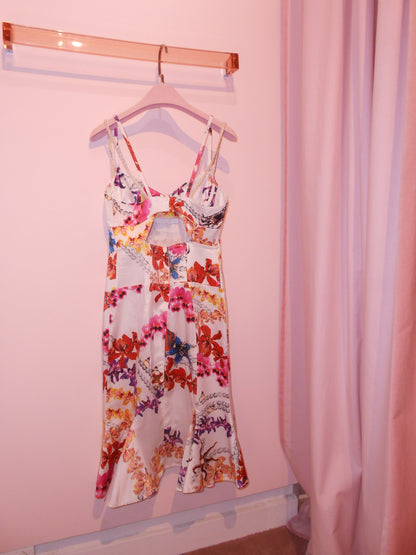 JUST CAVALLI EARLY 2000S FLORAL & PEARL PRINT DRESS