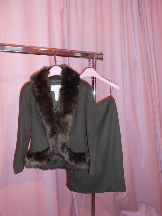 THIERRY MUGLER 1990S CASHMERE SKIRT SUIT WITH FAUX FUR COLLAR