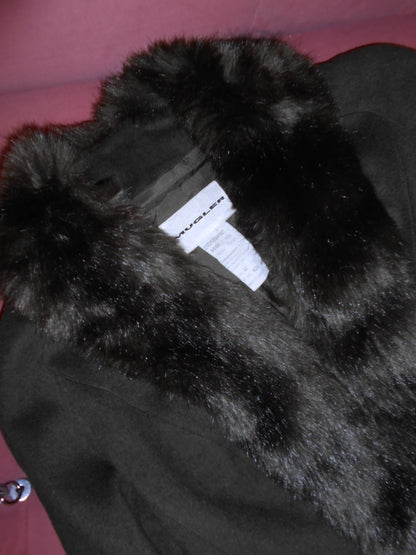 THIERRY MUGLER 1990S CASHMERE SKIRT SUIT WITH FAUX FUR COLLAR