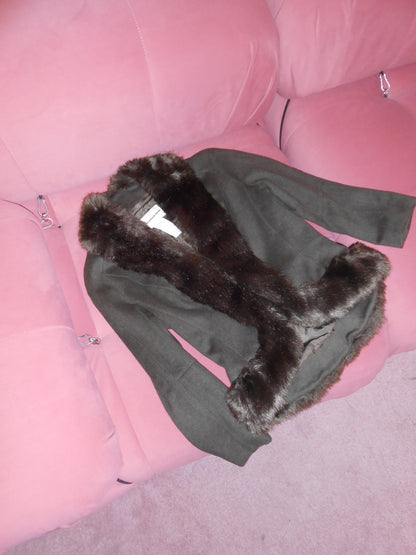 THIERRY MUGLER 1990S CASHMERE SKIRT SUIT WITH FAUX FUR COLLAR