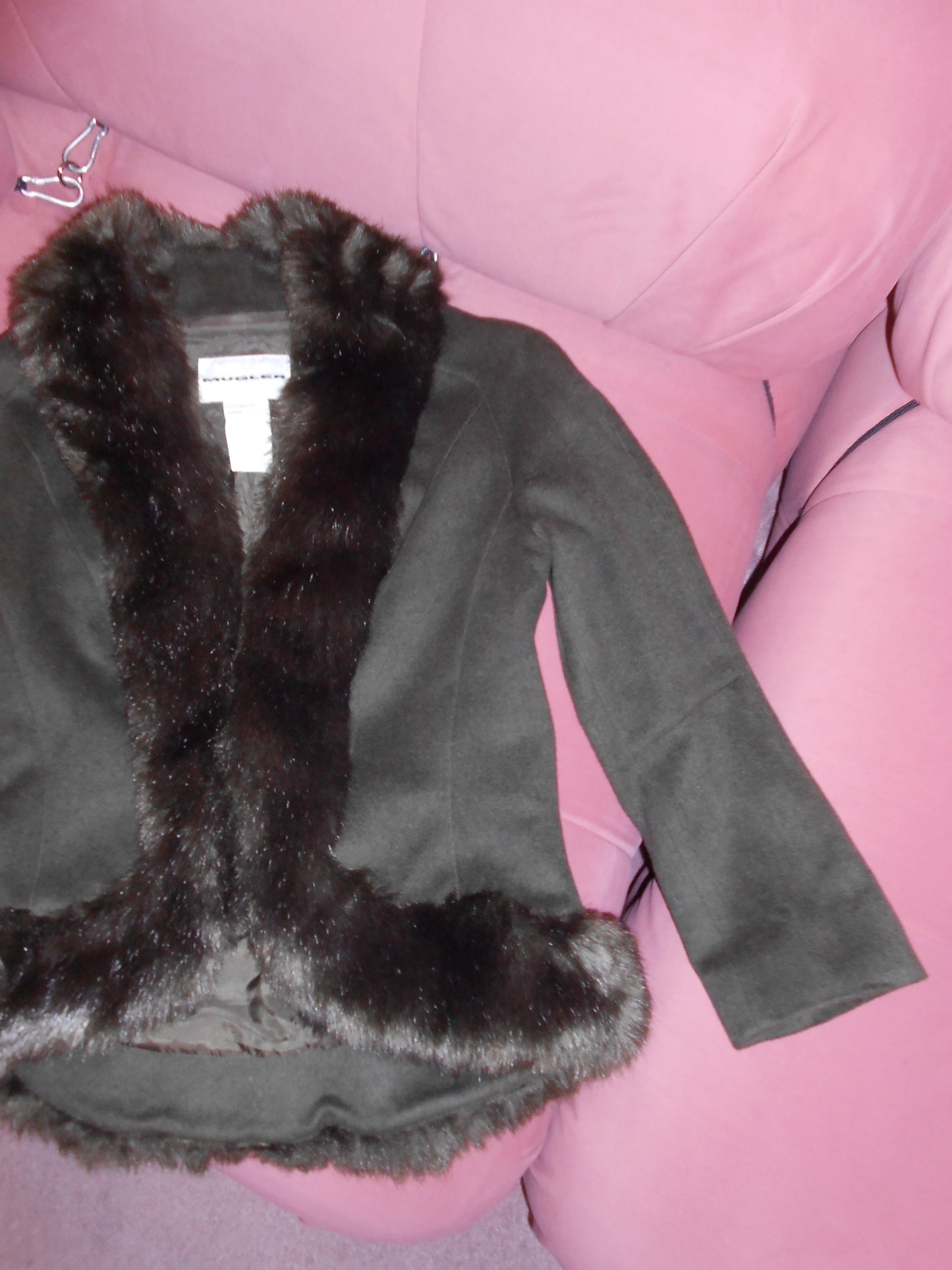 THIERRY MUGLER 1990S CASHMERE SKIRT SUIT WITH FAUX FUR COLLAR