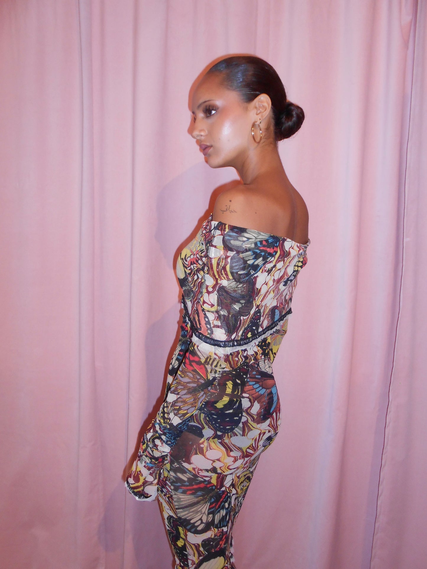 JEAN PAUL GAULTIER SS 2003 OFF THE SHOULDER BUTTERFLY PRINT DRESS