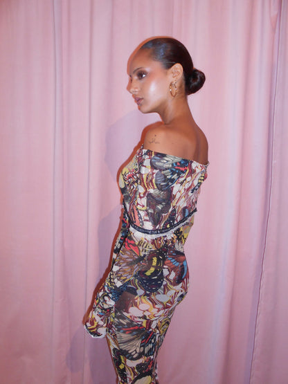 JEAN PAUL GAULTIER SS 2003 OFF THE SHOULDER BUTTERFLY PRINT DRESS
