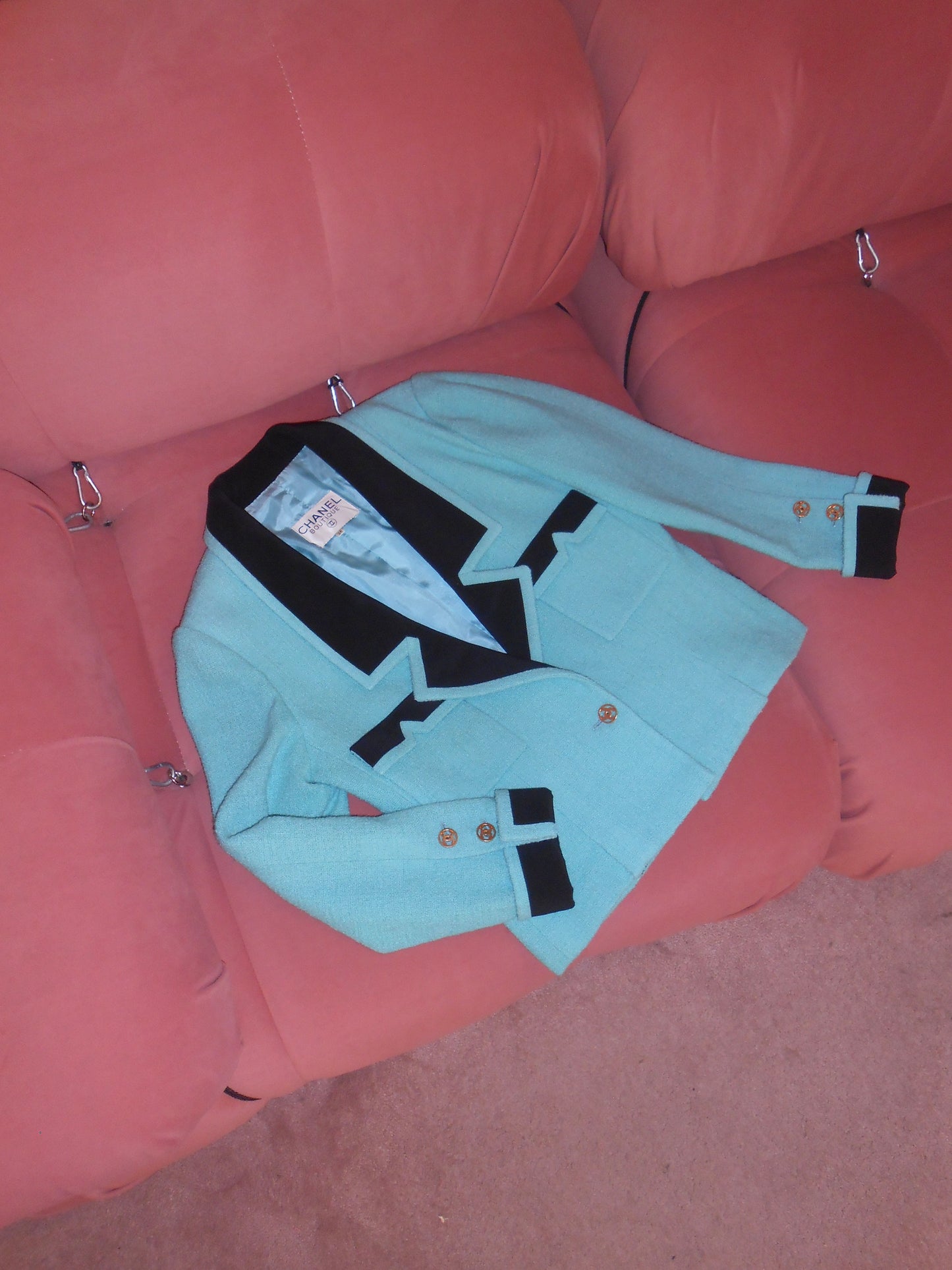 CHANEL BY KARL LAGERFELD 1984/1985 TURQUOISE TWEED SKIRT SUIT