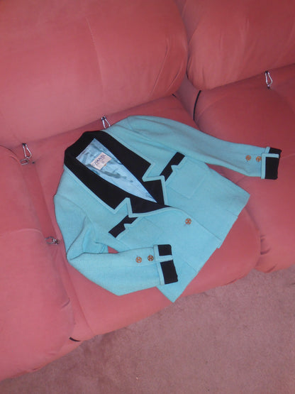 CHANEL BY KARL LAGERFELD 1984/1985 TURQUOISE TWEED SKIRT SUIT