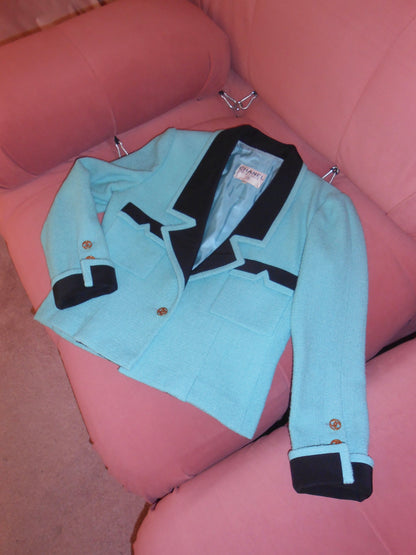 CHANEL BY KARL LAGERFELD 1984/1985 TURQUOISE TWEED SKIRT SUIT