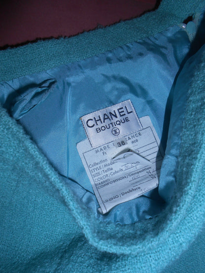 CHANEL BY KARL LAGERFELD 1984/1985 TURQUOISE TWEED SKIRT SUIT