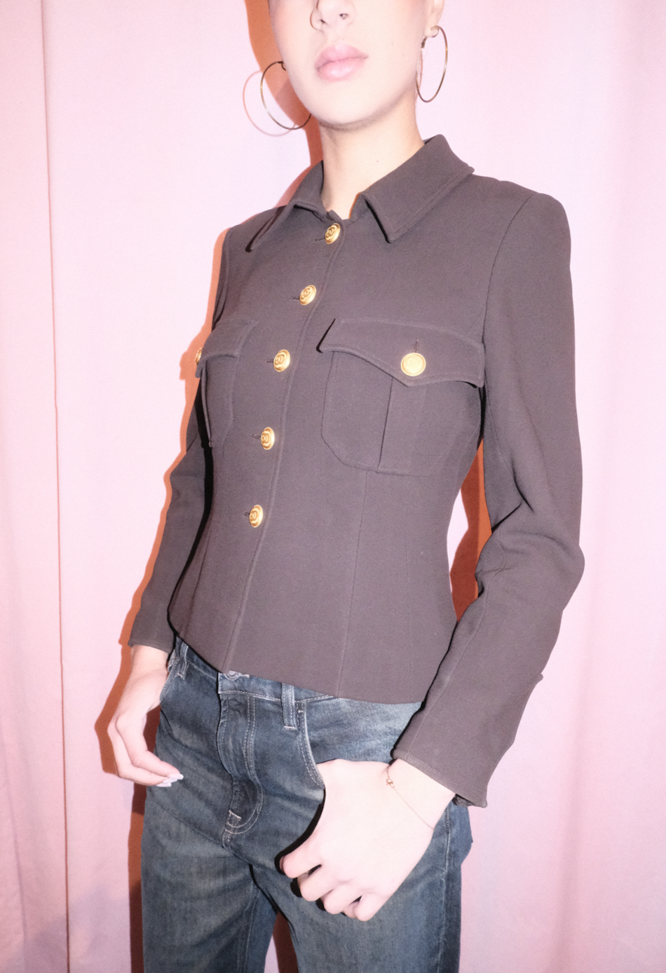 CHANEL BY KARL LAGERFELD FW 1996 FITTED MILITARY JACKET WITH GOLD CC BUTTONS